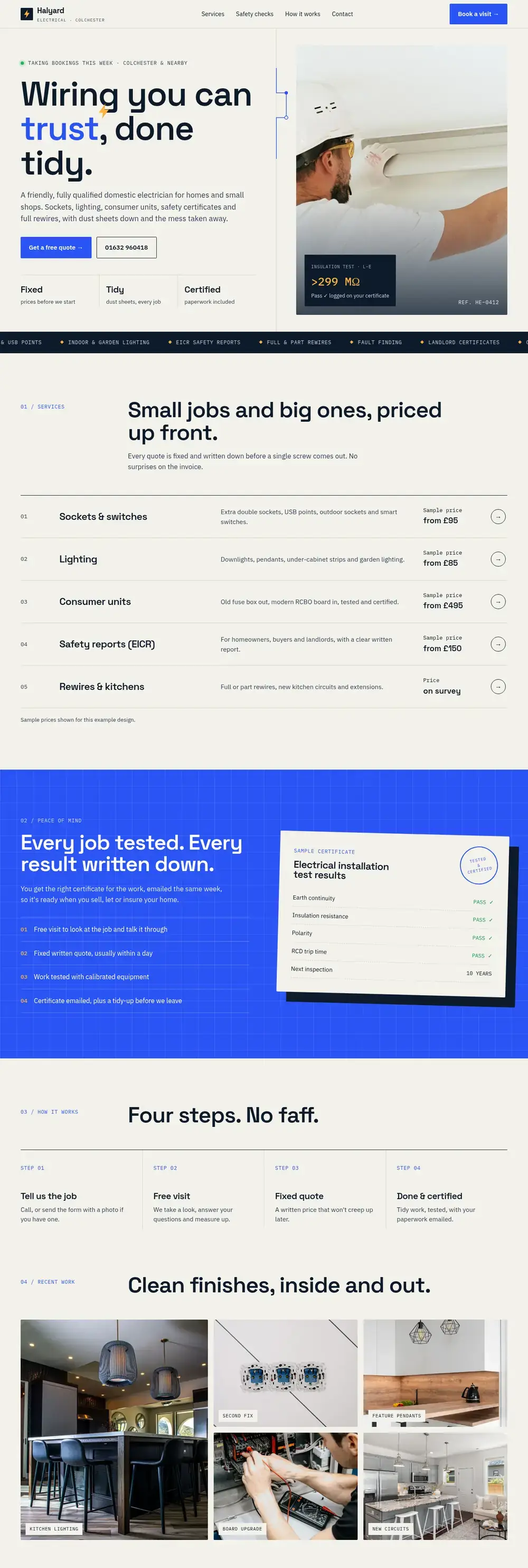 Example electrician website, desktop view