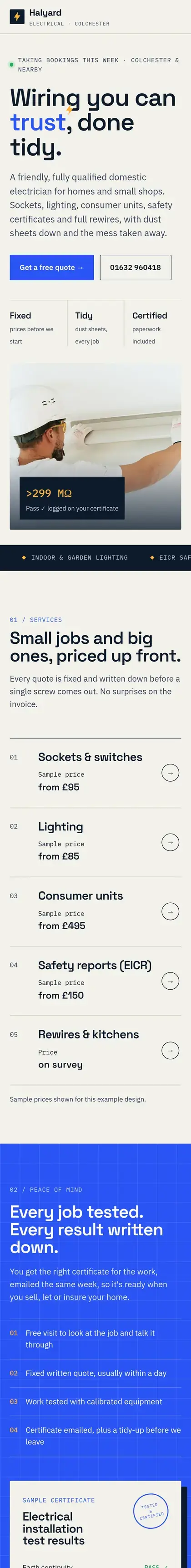 Example electrician website, mobile view